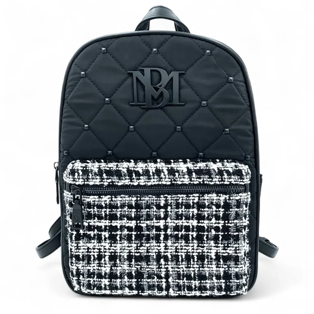 Badgley Mischka Backpack Tweed Quilted Studded Black White New With Tags